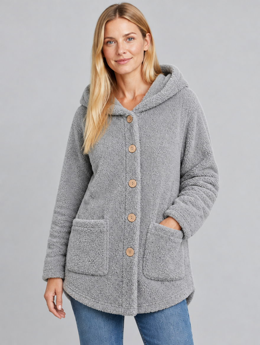 Women's Cozyvale teddy fleece hooded button jacket – close-up