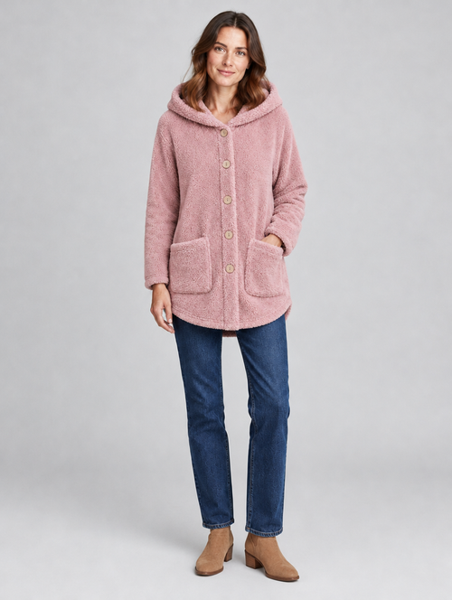 Women's Cozyvale teddy fleece hooded button jacket – front view