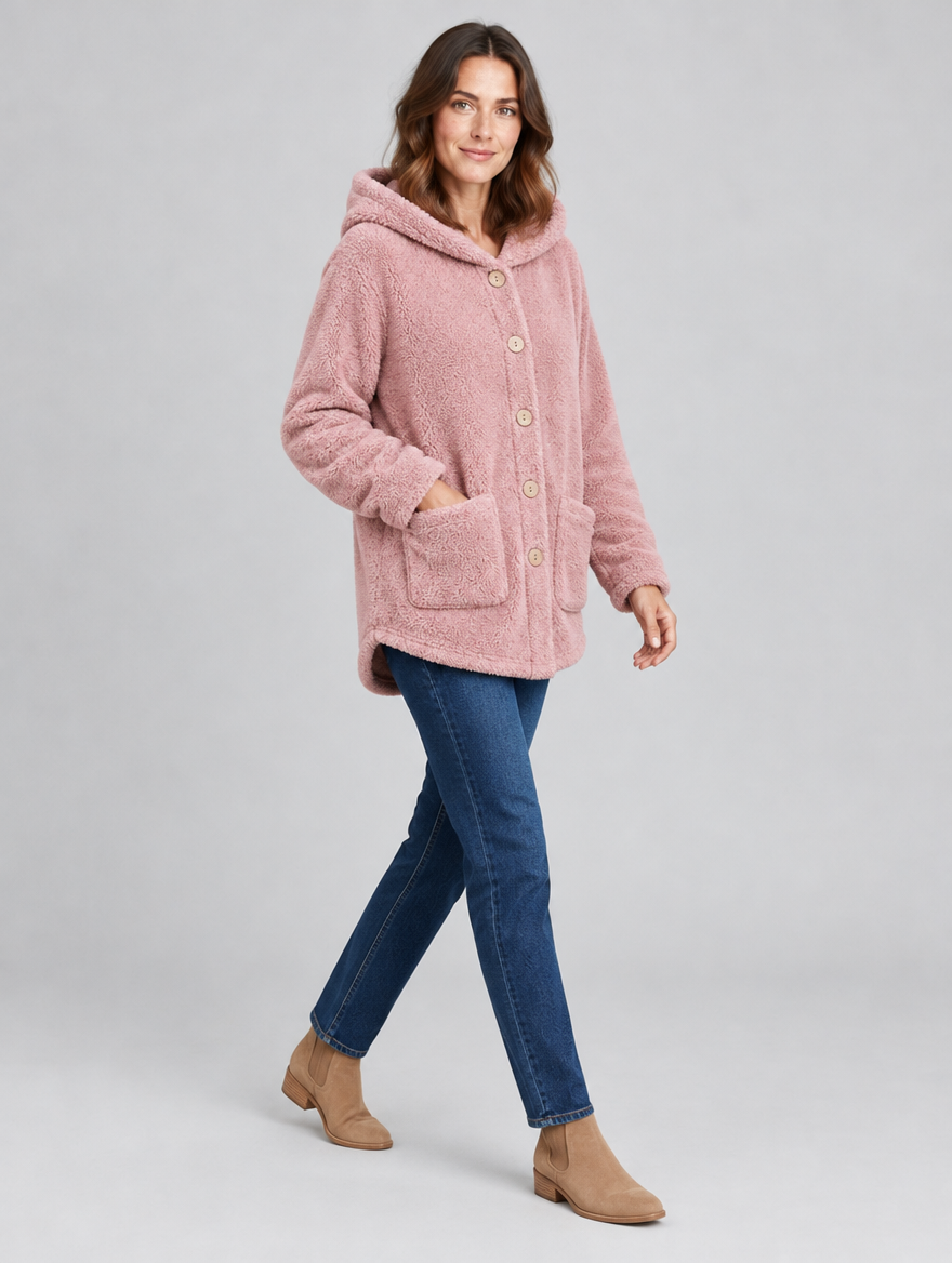 Women's Cozyvale teddy fleece hooded button jacket – side view