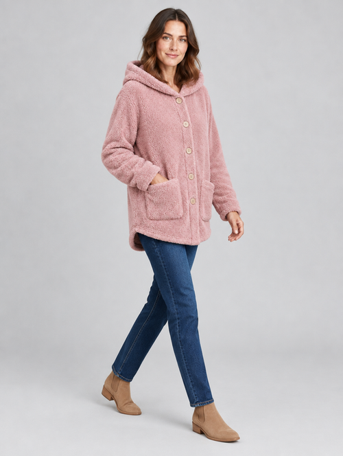 Women's Cozyvale teddy fleece hooded button jacket – side view